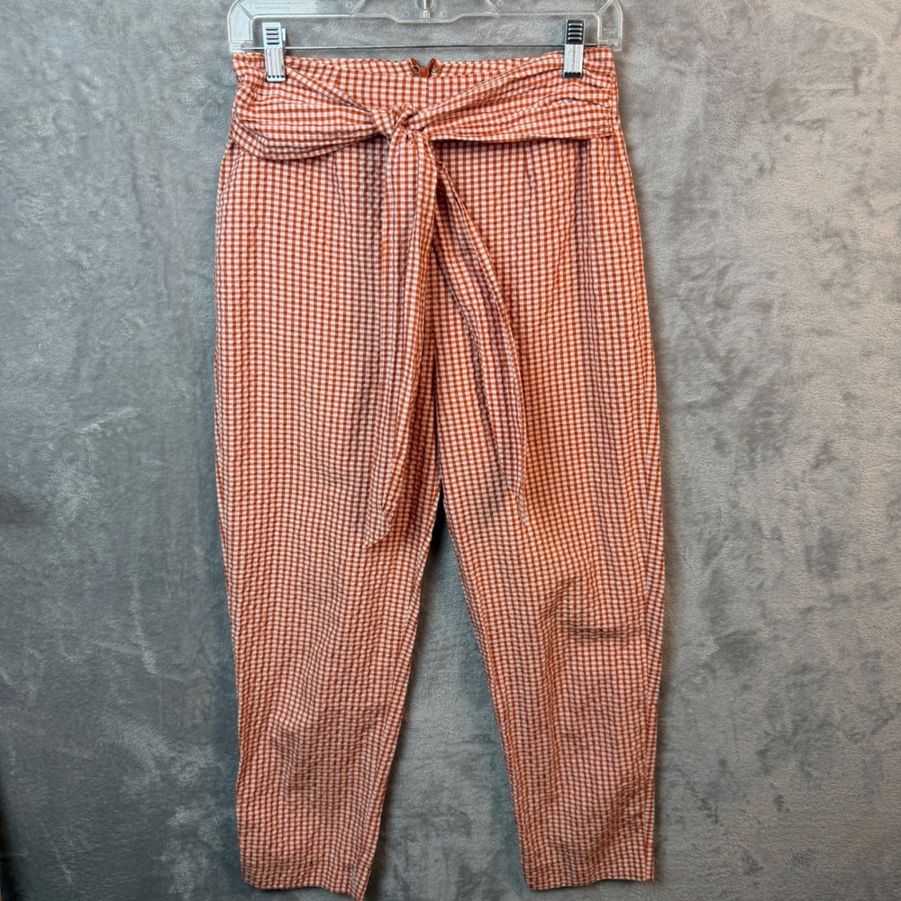 Free People Pants Womens 2 Orange Gingham Tie Waist Tapered Cropped Slim Fit